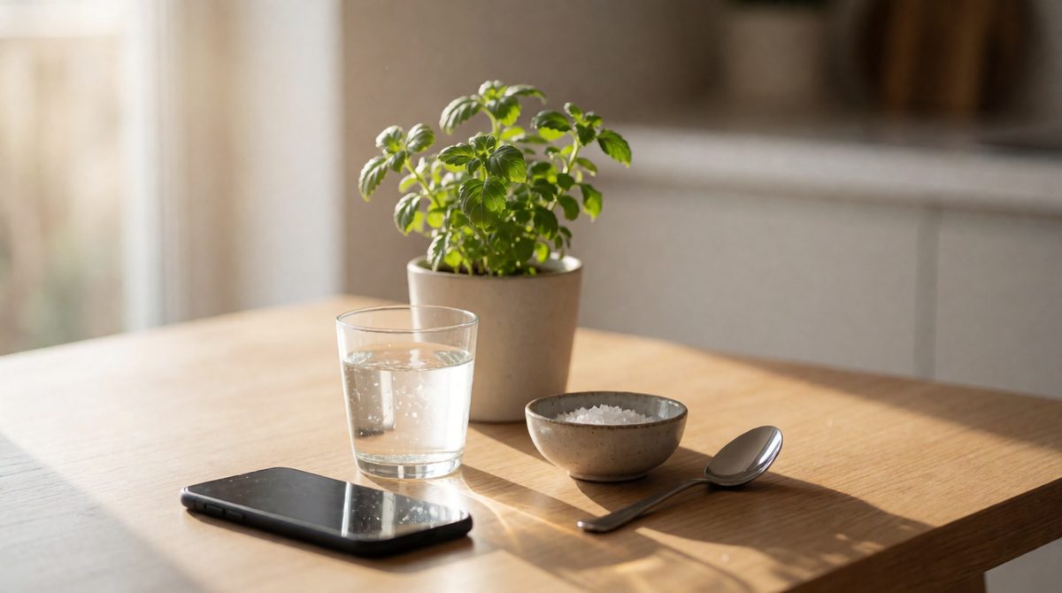 Everything on this table, from the phone to the salt to the plant, is built from atoms. Even the light-catching water!