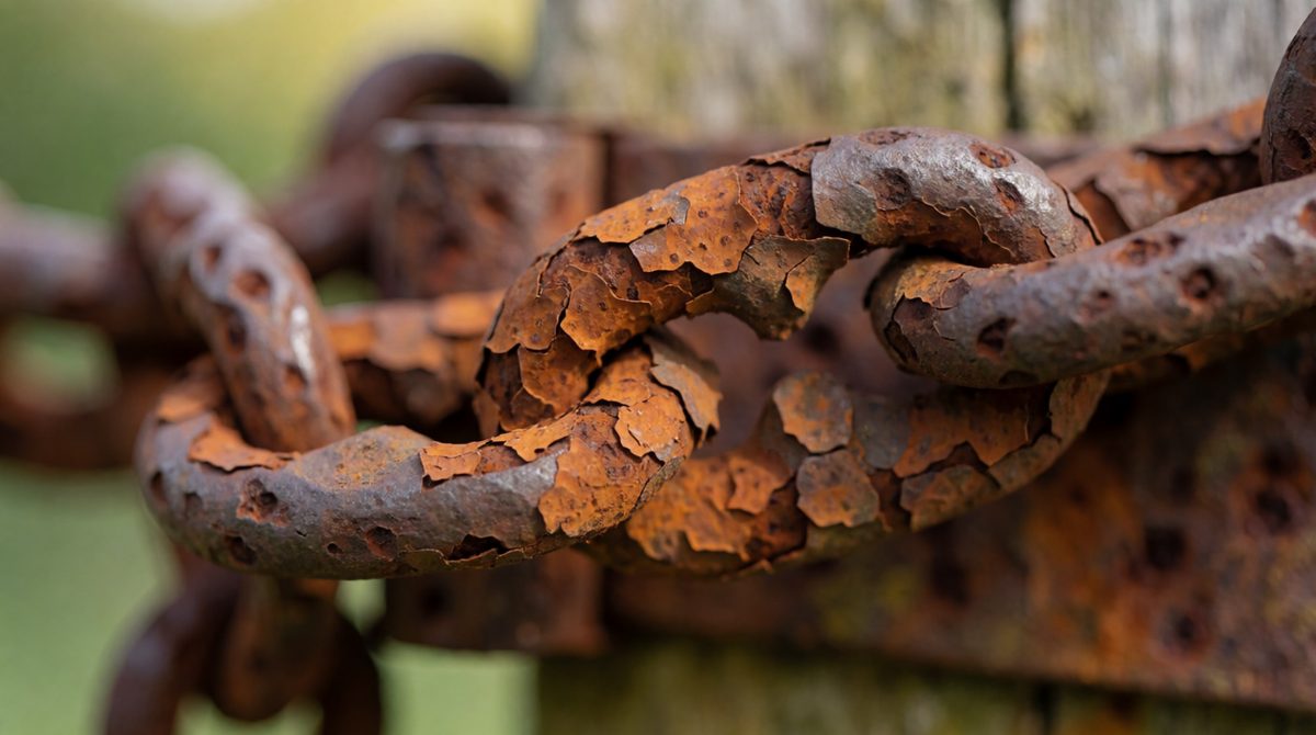 That orange crust is rust: iron slowly oxidised by oxygen and water, eating away the metal