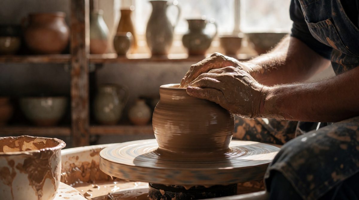 Clay is shaped wet then heated in a kiln, making pottery that is hard but brittle