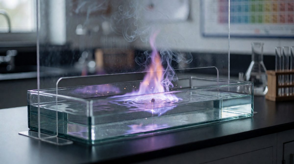 Potassium in water fizzes so hard the hydrogen catches fire with a lilac flame: 2K + 2H₂O → 2KOH + H₂