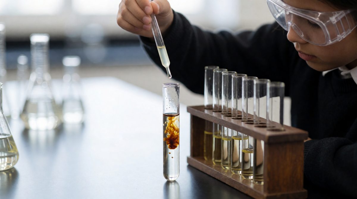 The colour change says it all: chlorine pushes iodine out of potassium iodide, turning the solution brown