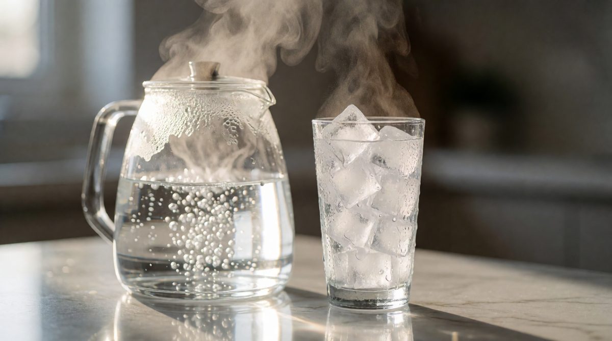 Solid ice, liquid water and gaseous steam all in one shot - same particles, just different arrangements and energy