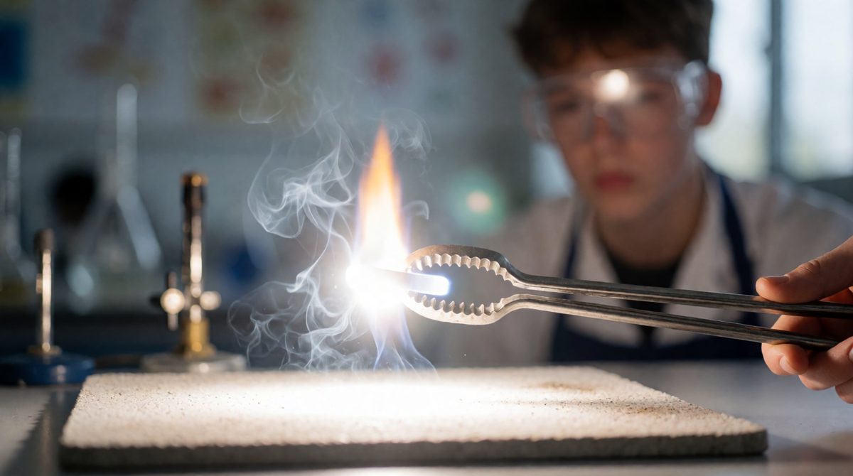 That dazzling white flame is magnesium joining with oxygen: 2Mg + O₂ → 2MgO, same atoms on both sides