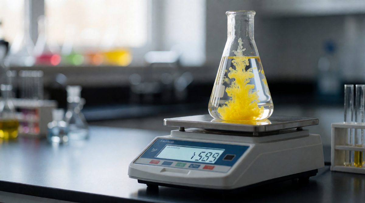That bright yellow cloud is lead iodide forming, and the balance reading doesn't budge, because no atoms are made or lost