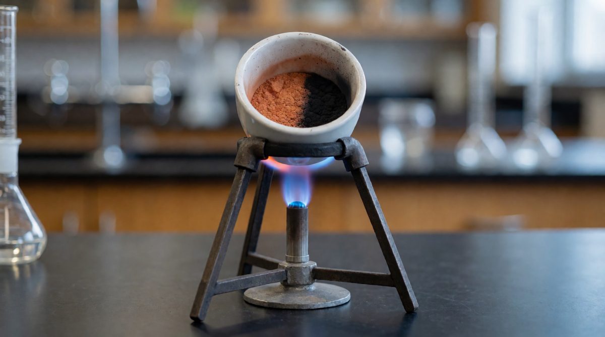 Orange copper turning black as it gains oxygen from the air, so the solid gets heavier: 2Cu + O2 → 2CuO