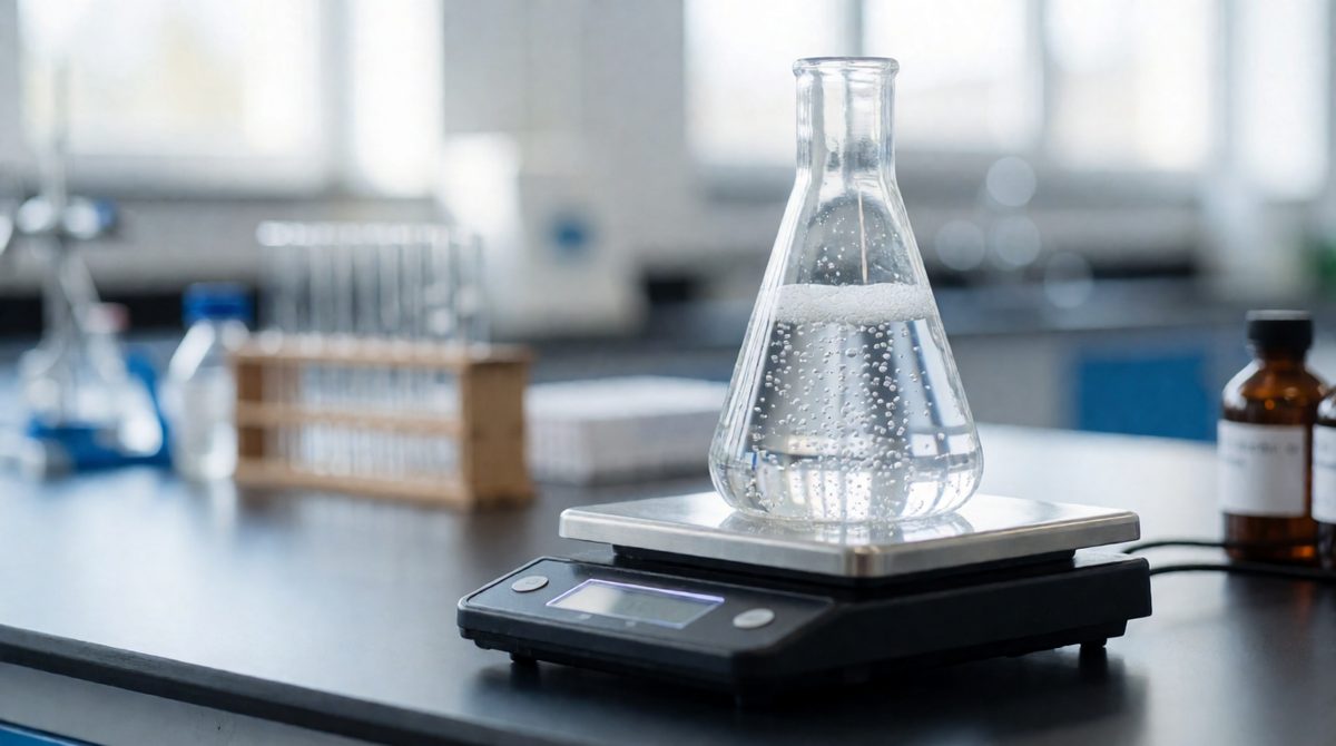 All that fizzing is carbon dioxide escaping the open flask, which is why the balance reading drops