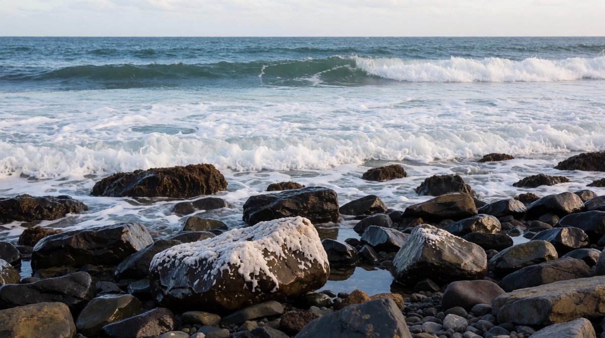 Sea water is a mixture, so when it dries the salt is left behind on the rocks, just as it was
