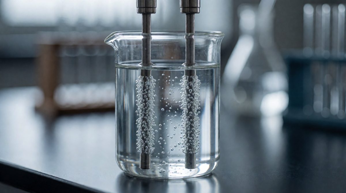 Water splitting into bubbles of gas: 2H2O → 2H2 + O2, so twice as many moles of hydrogen as oxygen