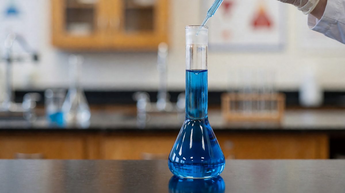 Blue copper sulfate dissolving: concentration × volume in dm³ tells you how many grams are in the flask