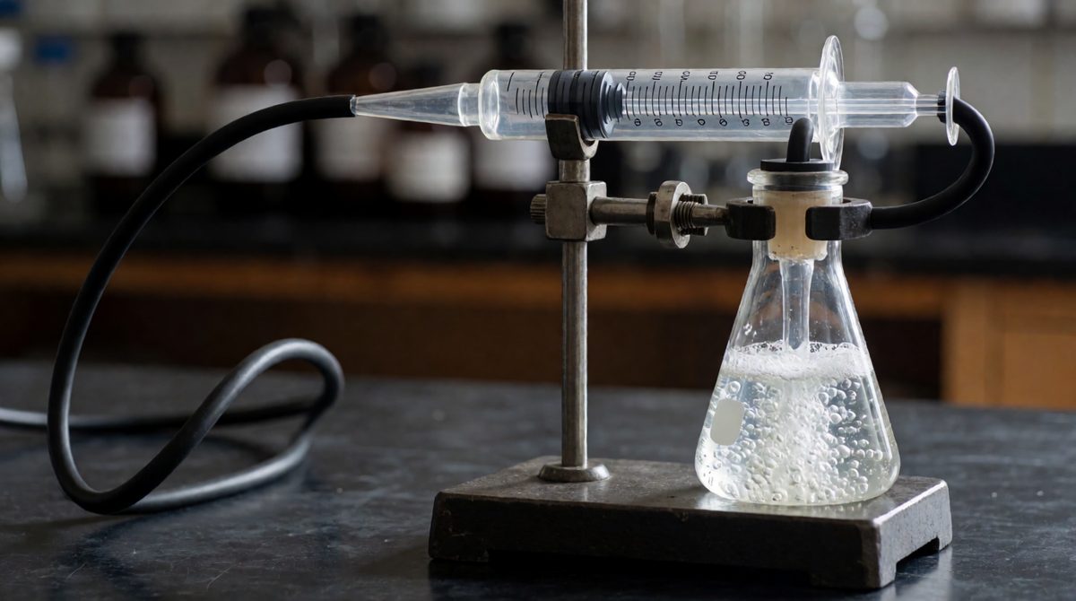Gas from the reaction pushes the syringe out, and moles × 24 tells you how many dm³ to expect