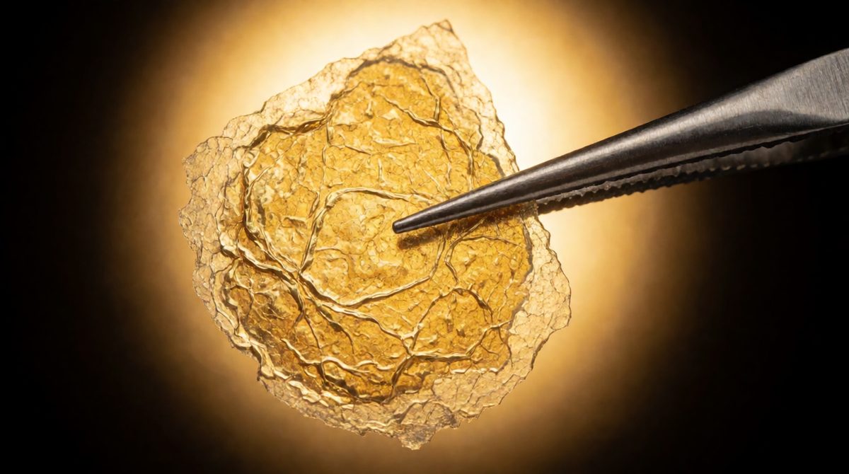 Gold beaten this thin let Geiger and Marsden fire alpha particles straight through - most passed, but a few bounced back, revealing the tiny nucleus