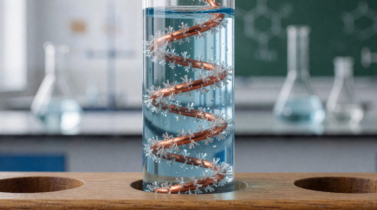 Silver crystals grow on copper wire as copper atoms lose electrons (oxidised) and silver ions gain them (reduced)