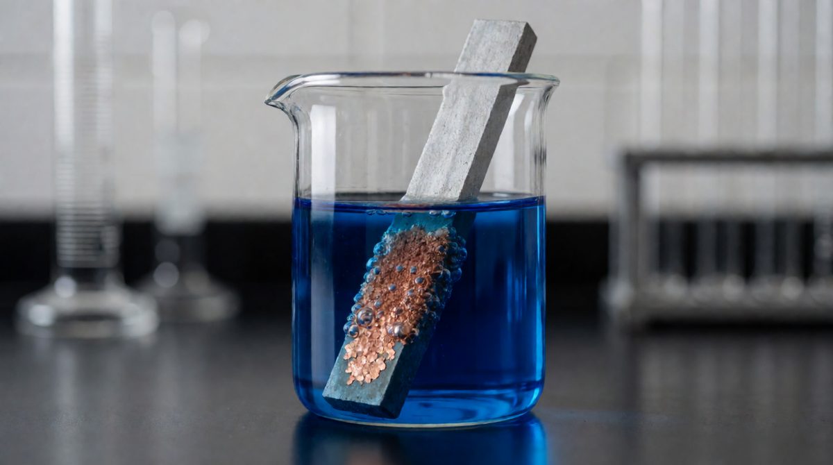 Zinc turns copper-coloured here: Cu²⁺ + 2e⁻ → Cu, electrons gained, so the copper ions are reduced