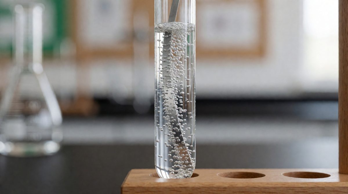 The fizz is hydrogen gas: magnesium + hydrochloric acid → magnesium chloride + hydrogen
