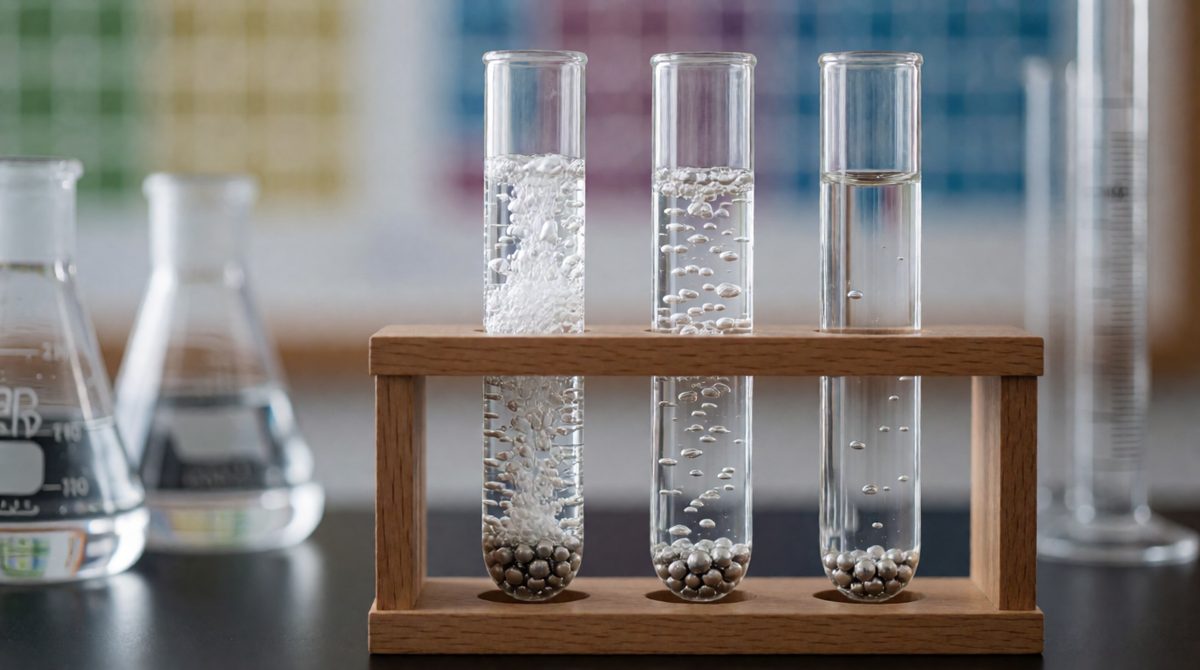 Magnesium bubbles fastest, zinc slower, iron slowest, because the more reactive the metal, the faster it reacts