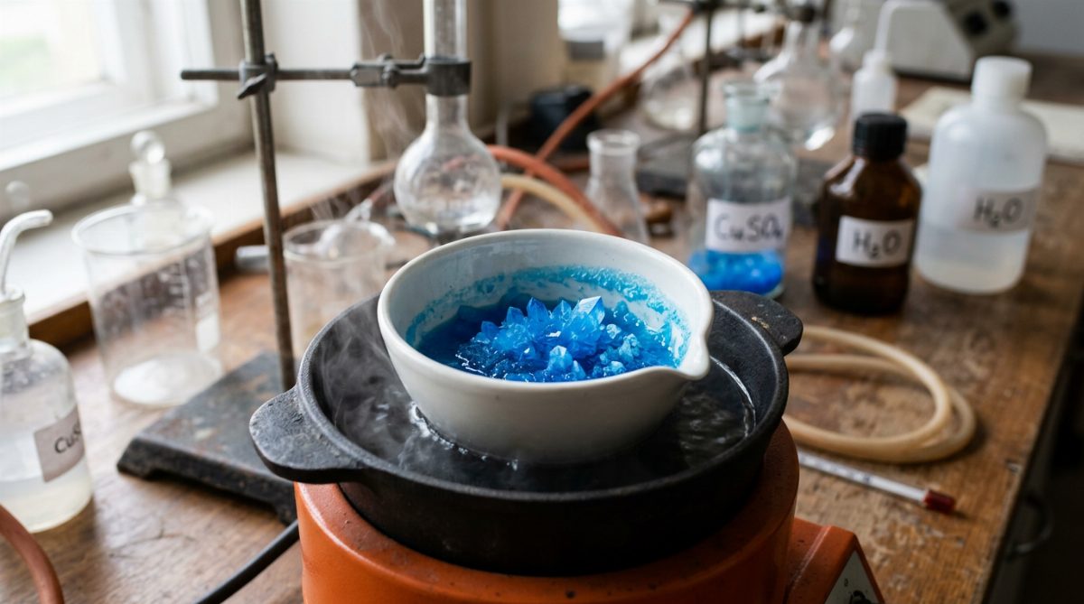 Heat gently over a water bath and the blue copper(II) sulfate crystals grow without being damaged
