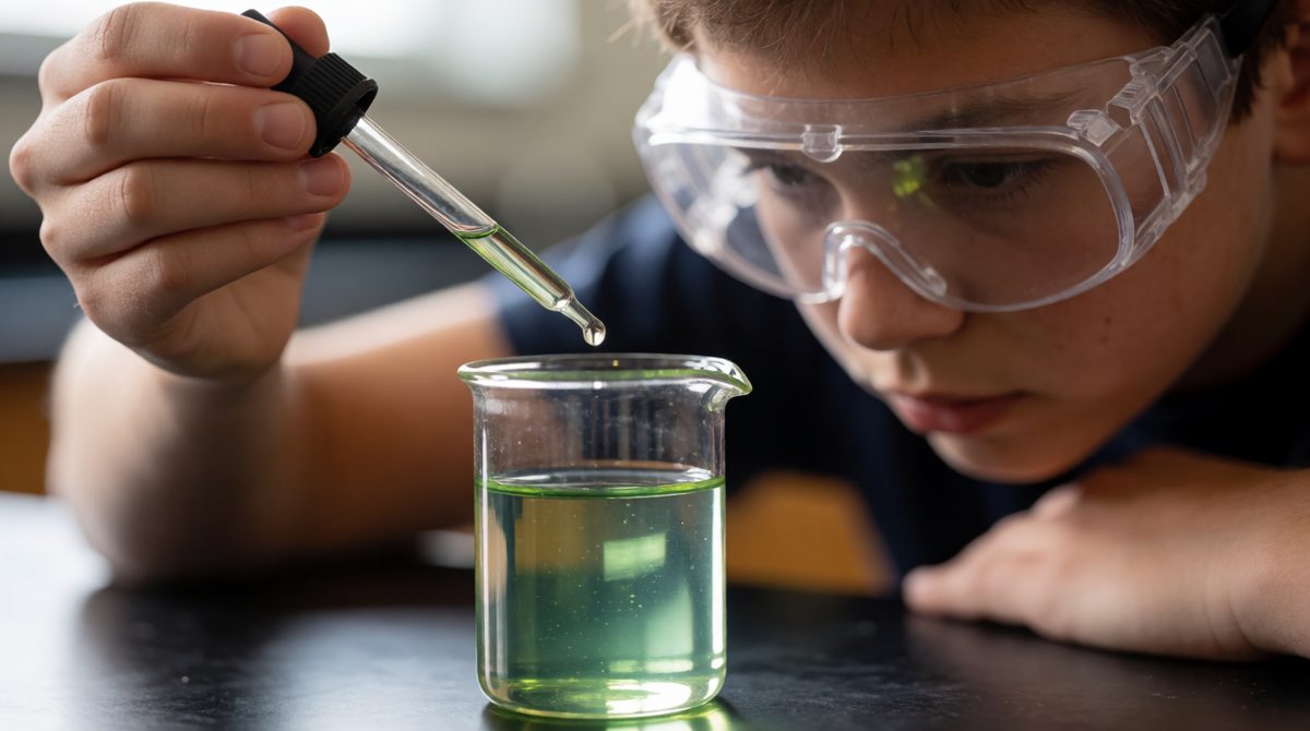 As the alkali goes in, H⁺ meets OH⁻ to make water: H⁺ + OH⁻ → H₂O, and the indicator heads for neutral green