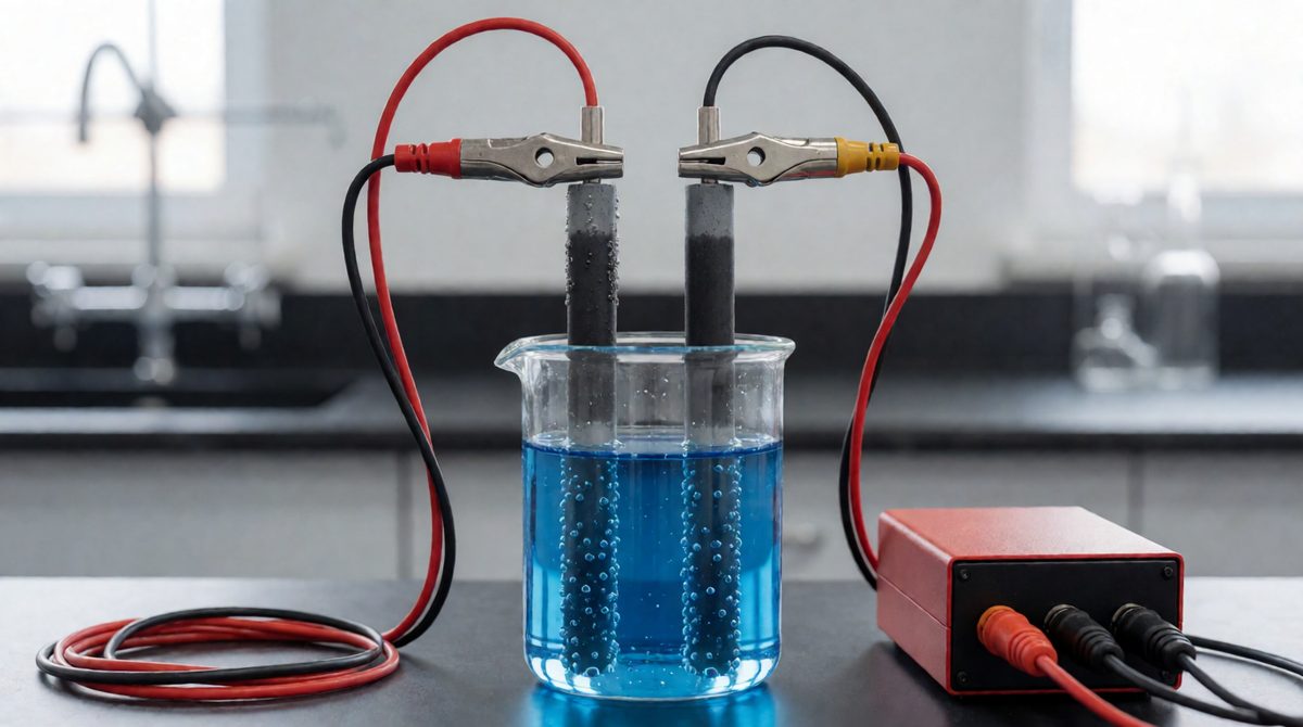Switch on and the ions move: positive ions to the cathode, negative ions to the anode