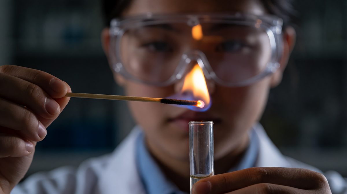 Squeaky pop! A lit splint at the mouth of the tube is the test for hydrogen gas