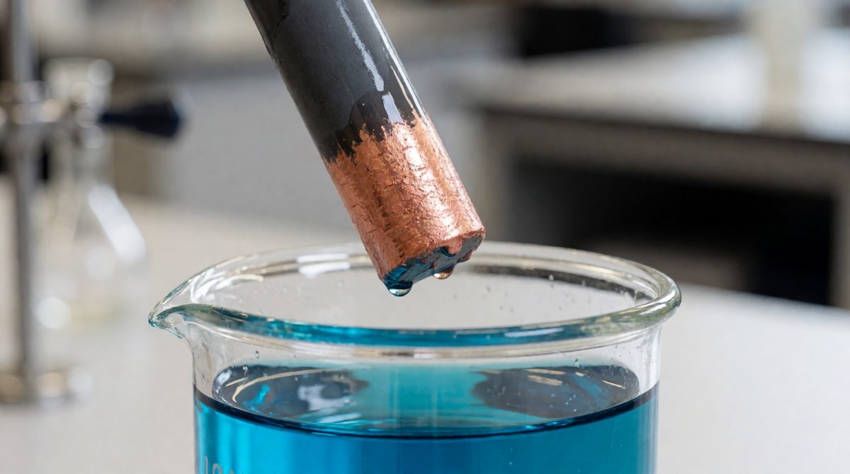 That copper coating grew by reduction at the cathode: Cu²⁺ + 2e⁻ → Cu