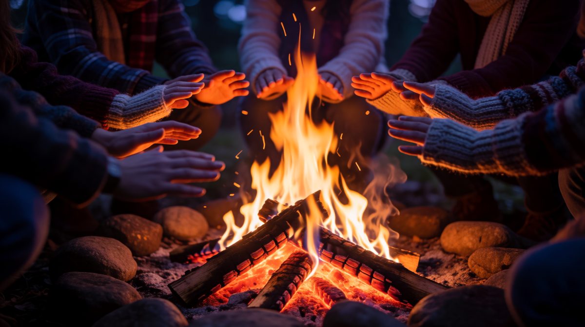 A campfire is exothermic: energy flows out to the surroundings and warms your hands