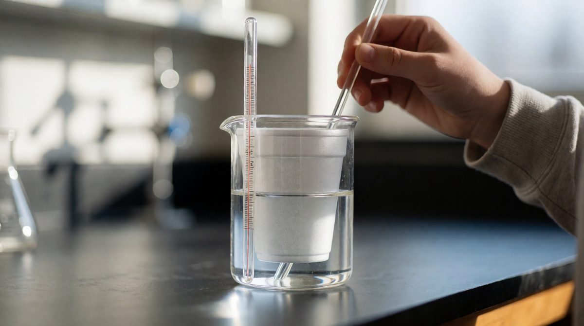 A polystyrene cup in a beaker, a thermometer and a stir - neutralisation warms the mixture, so watch for the highest reading