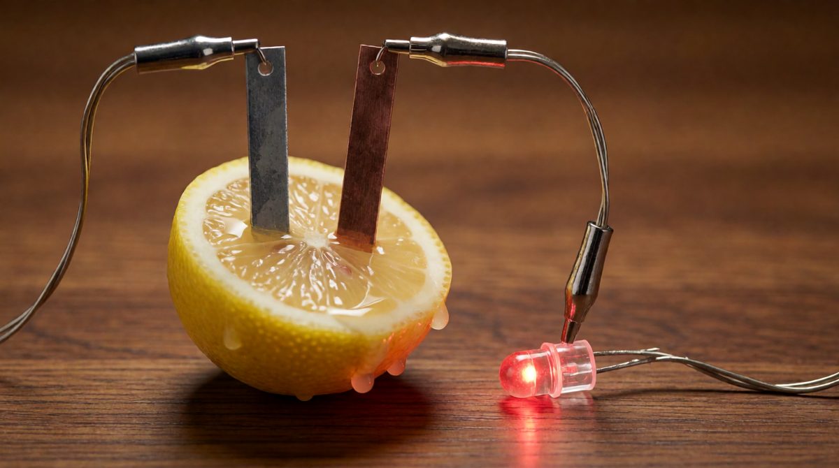 Two different metals in an electrolyte make a cell - even a lemon with zinc and copper strips can light an LED
