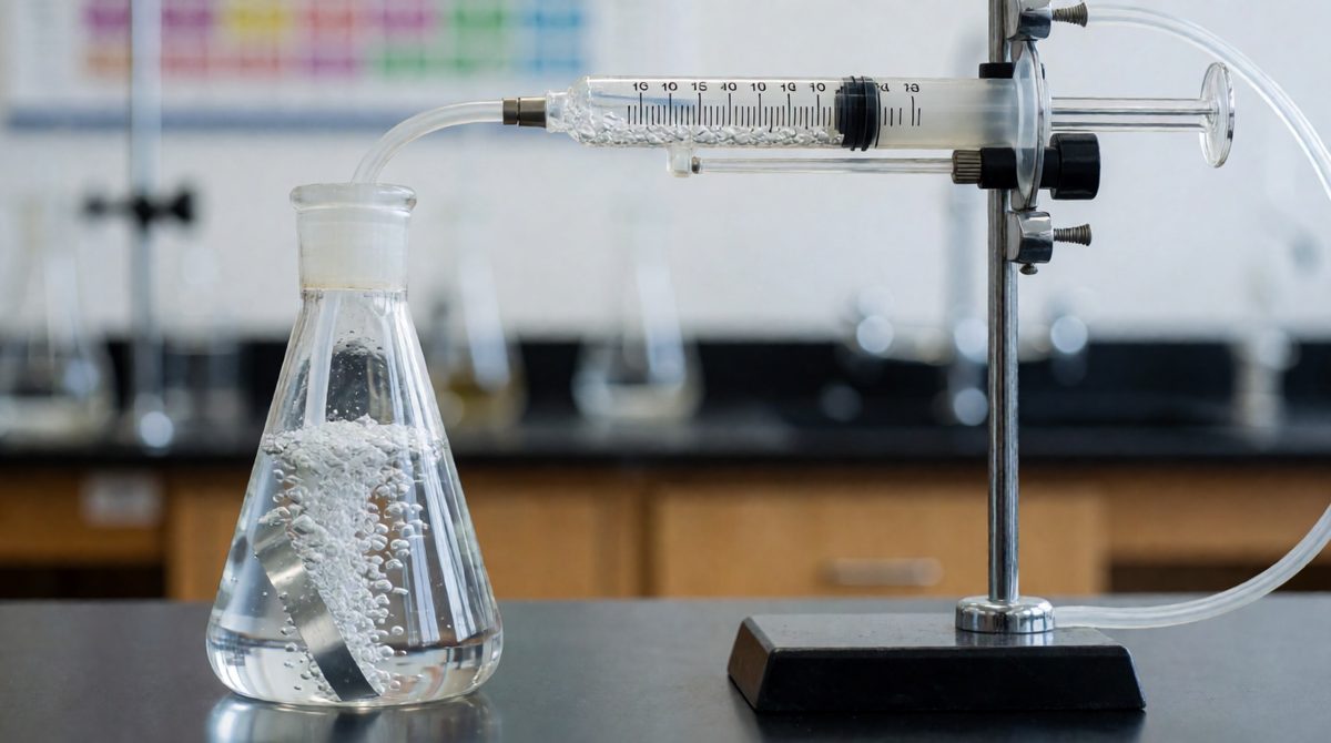 Magnesium + hydrochloric acid makes hydrogen - stronger acid fills the gas syringe faster