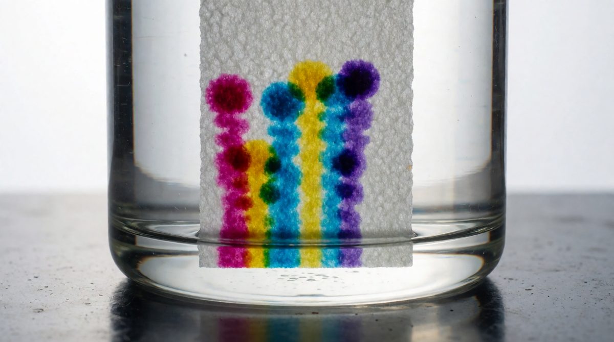 Each colourful spot has climbed its own distance - divide that by how far the solvent went to get its Rf value