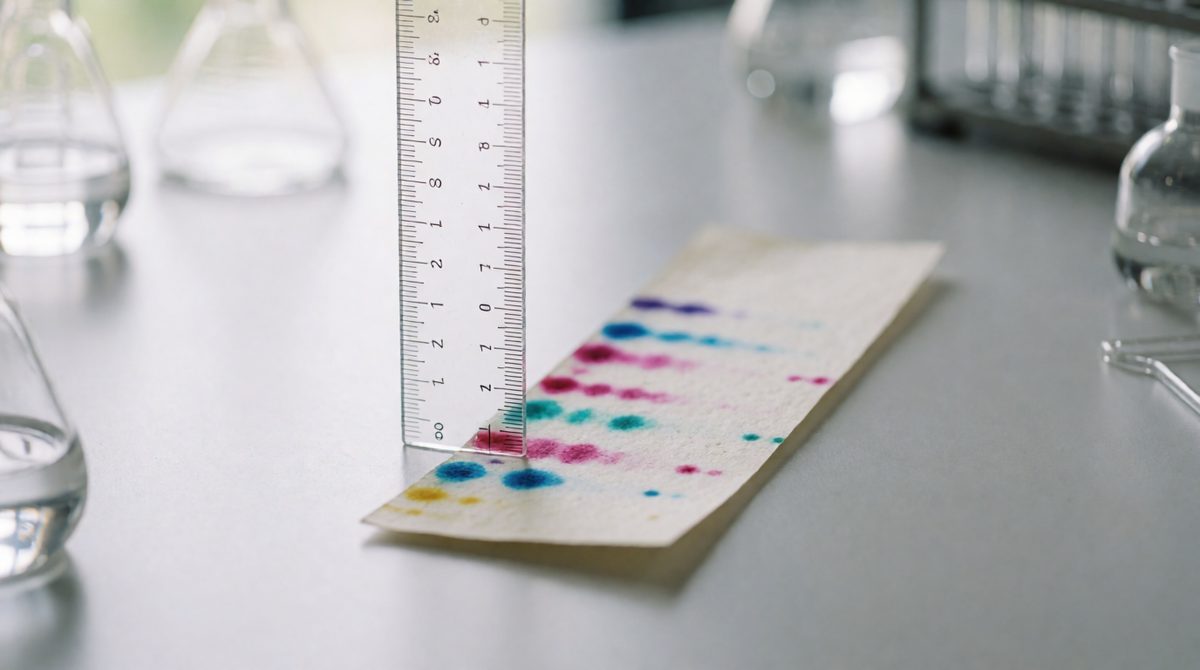Measure from the pencil baseline, not the paper edge, then Rf = distance moved by spot ÷ distance moved by solvent