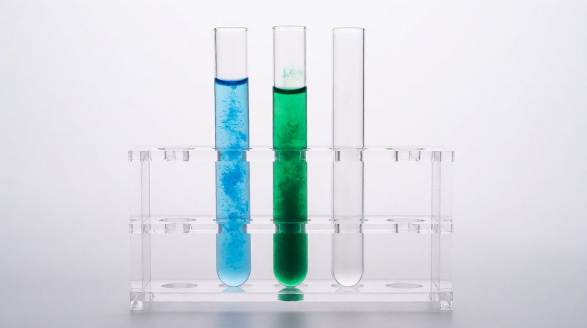 Blue, green, brown: copper(II), iron(II) and iron(III) hydroxide precipitates, all lined up