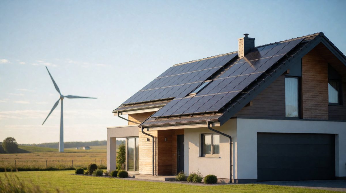 Solar panels on a roof cut the carbon footprint by swapping fossil-fuel power for renewable energy