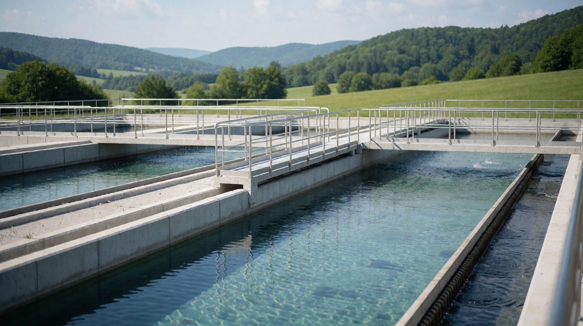 Filter beds at a water works strip out solids before the water is sterilised with chlorine, ozone or UV