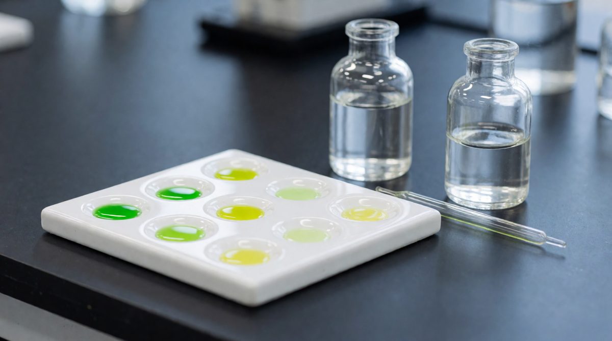 Universal indicator turns colour to show each water sample's pH - green means neutral, around pH 7