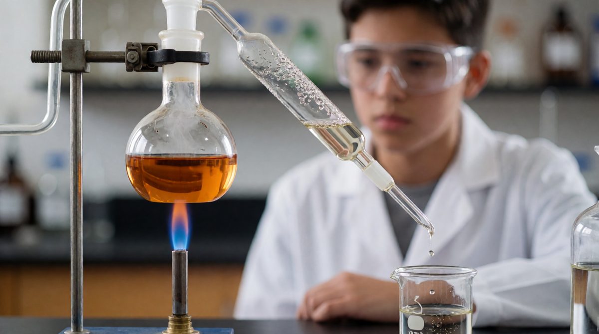 Steam rises off the salty water and cools in the condenser, leaving the dissolved salt behind in the flask