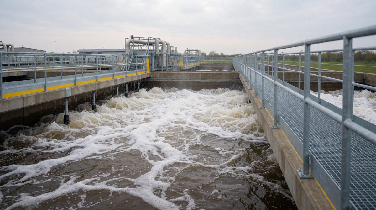 In these aeration tanks, bacteria break down the organic matter in effluent using oxygen bubbled through