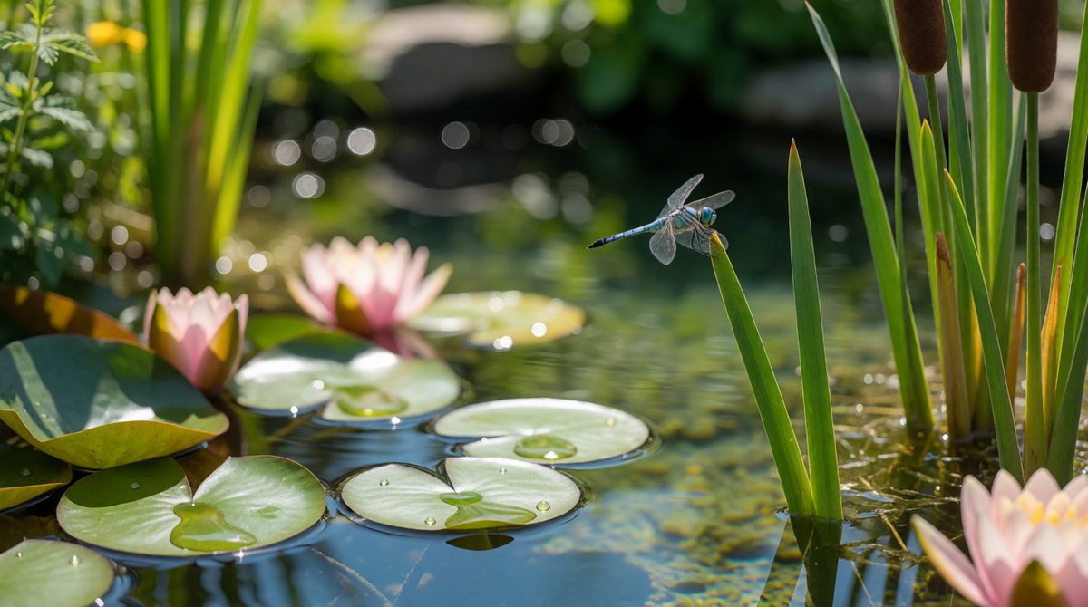 A pond is a small ecosystem where plants, animals, water and soil all link together