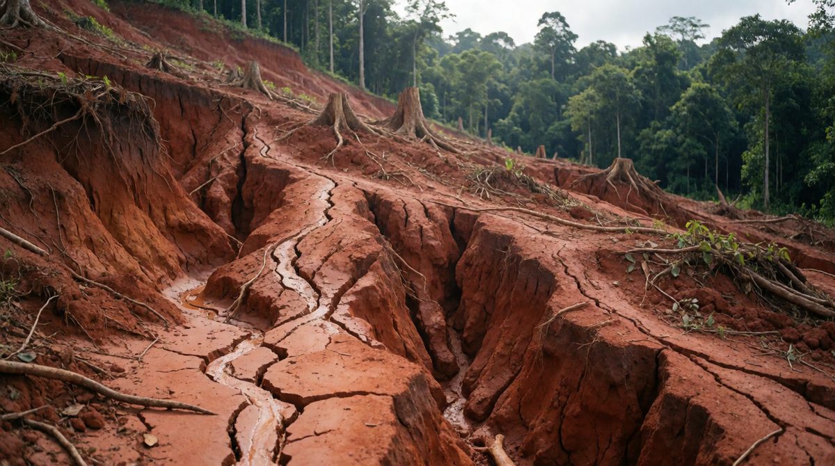 Without trees, heavy rain washes the soil away, one impact of deforestation