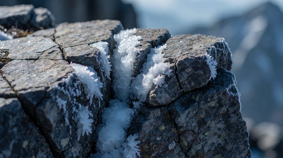 Freeze-thaw weathering splits rock as water in cracks freezes and expands