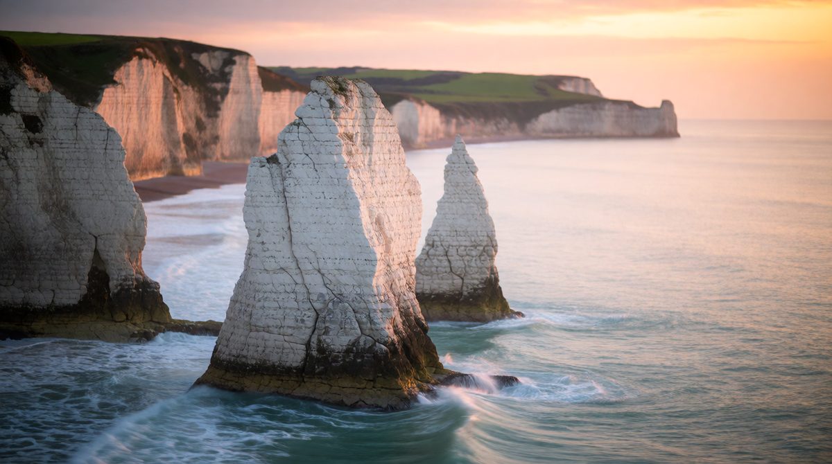 Stacks form when waves erode a headland through caves and arches