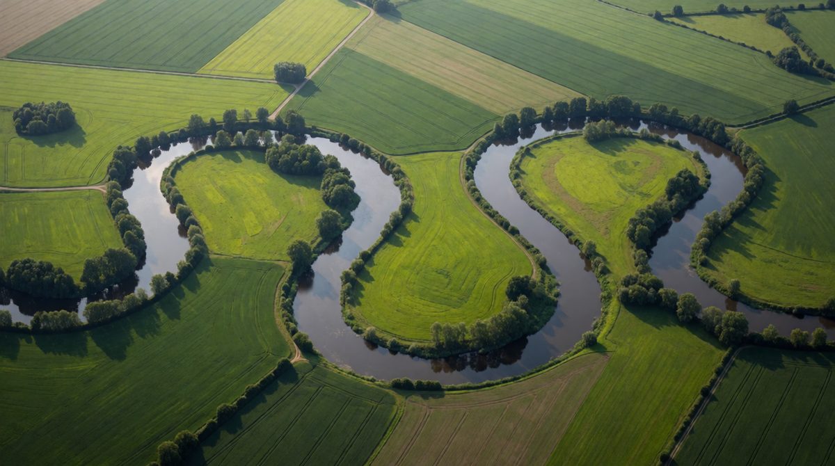 Meanders form as the river erodes the outside bend and deposits on the inside