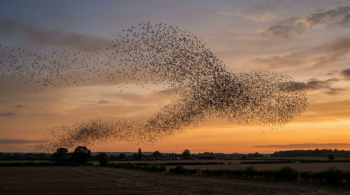 A flock of birds seen as one shape - the brain groups things together
