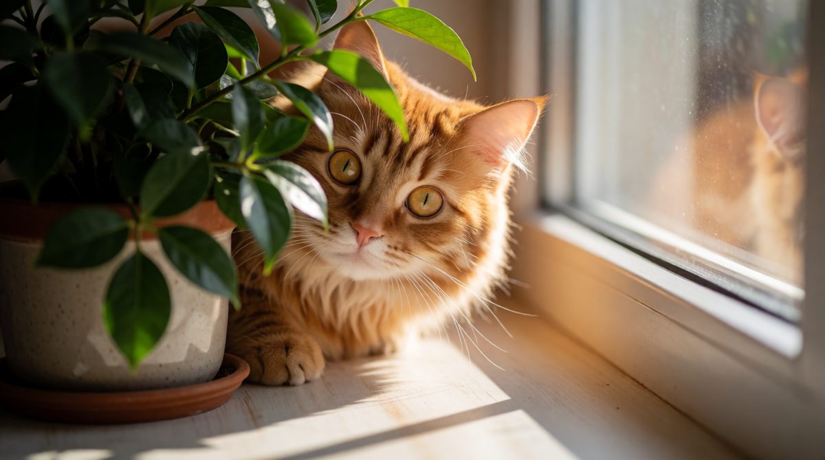 The plant blocks part of the cat, so we know the cat is behind it