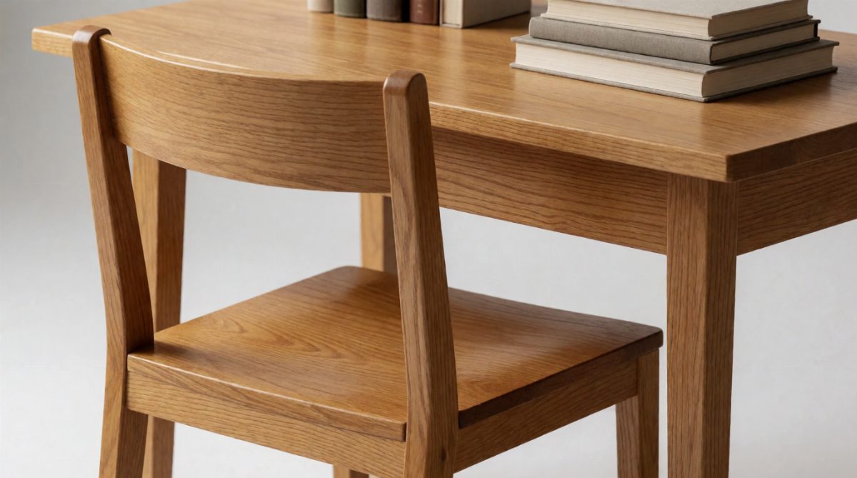 A wooden chair beside a table in a bright room, showing how everyday objects offer us actions such as sitting