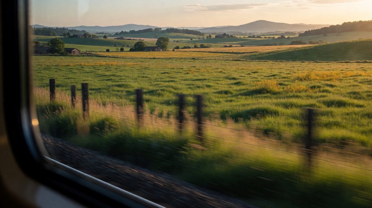 From a train, nearby objects rush past while distant hills barely move