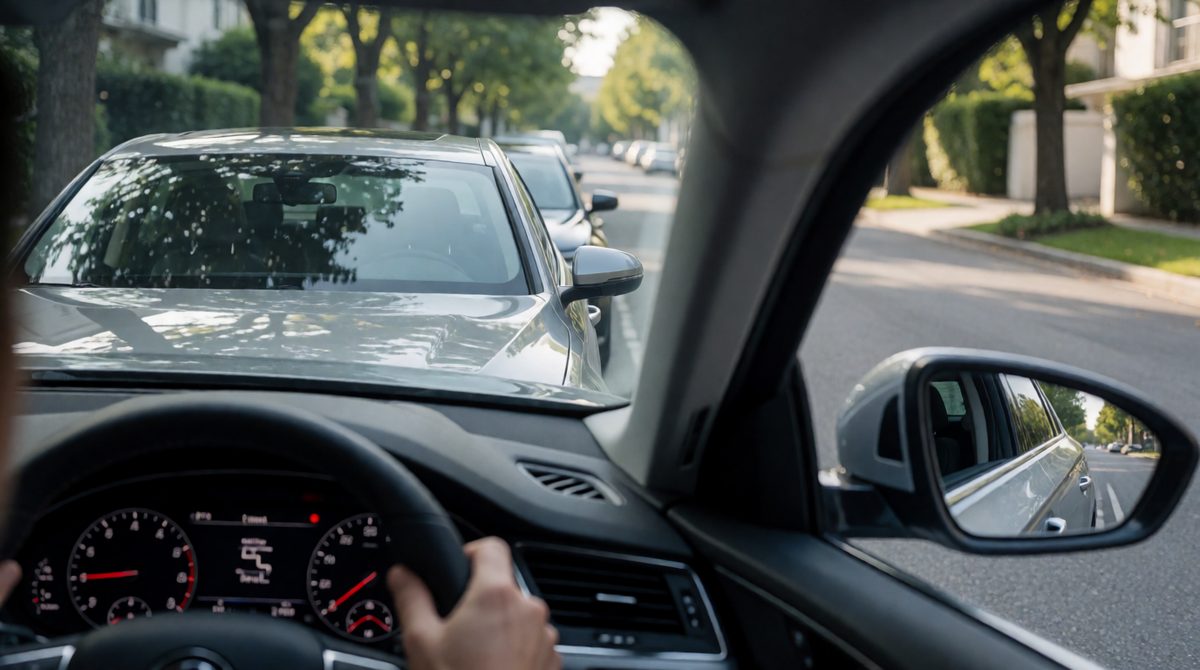 Size constancy lets you judge whether the car fits the gap, even though it looks tiny in the distance and huge up close