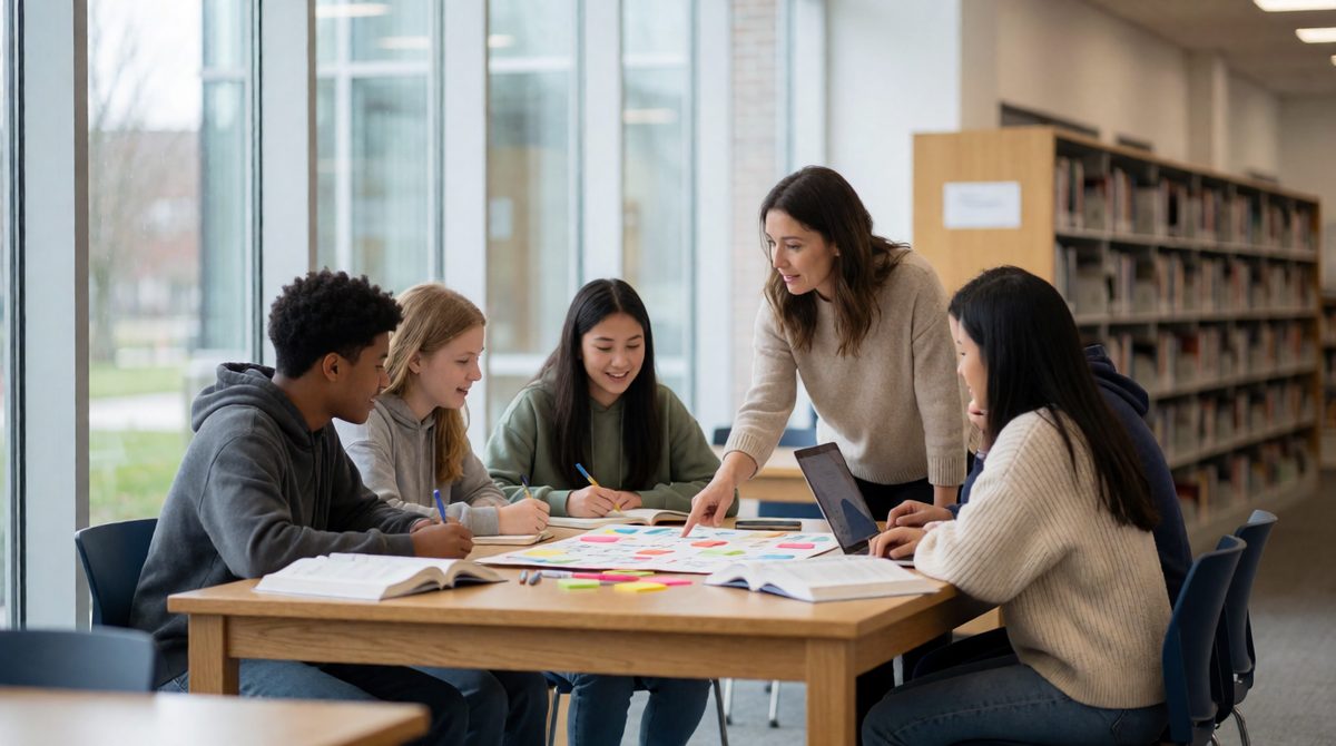Students working together on a school project: modern functionalists still see school as the place where talent is sorted and rewarded
