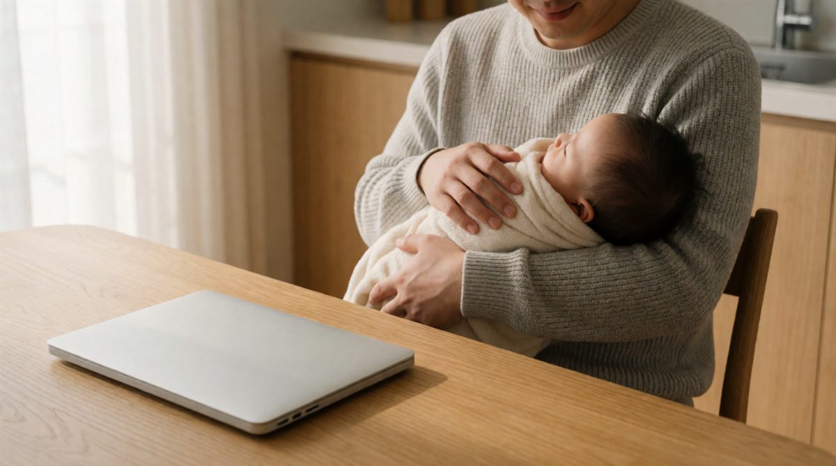 A parent and baby with a laptop at home, showing how shared parental leave supports shared childcare