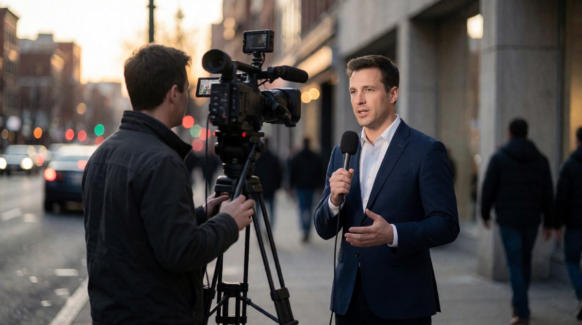 A TV news crew filming at a scene: the media decide which crimes become news, and this shapes how serious crime seems to the public