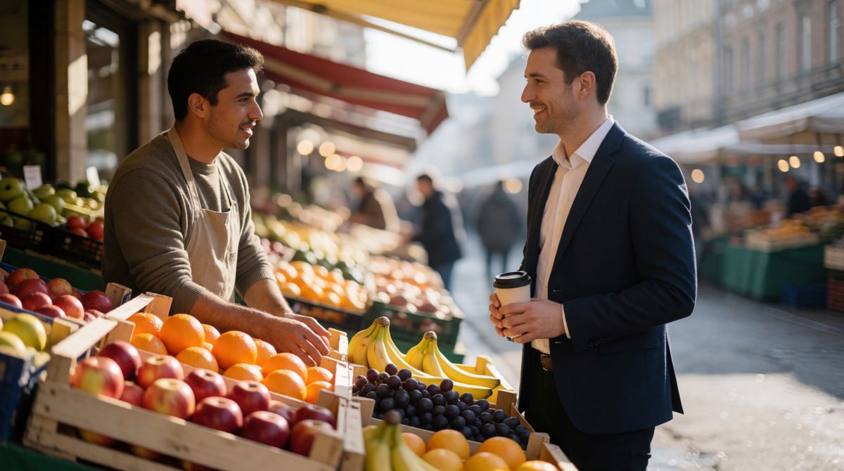 A market stall owner and a university lecturer chatting - Weber said class, status and party all shape where we sit in society